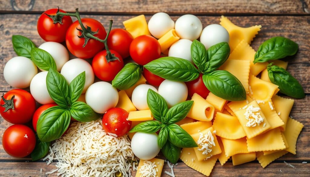 Zutaten für Tortellini-Auflauf mit Mozzarella und Tomaten Zutaten für Tortellini-Auflauf mit Mozzarella und Tomaten
