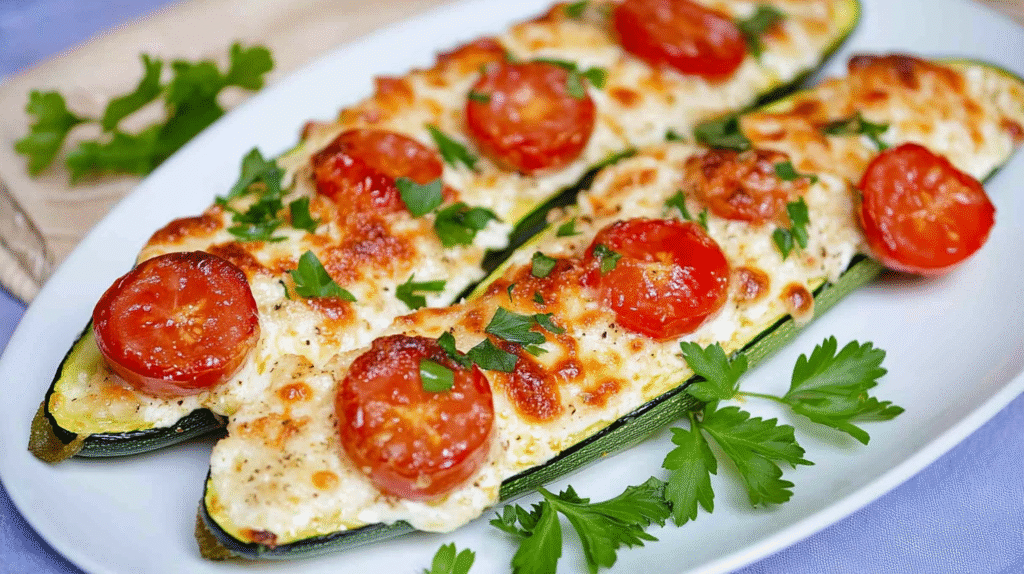 Gebackene Zucchini-Scheiben mit geschmolzenem Mozzarella und Cherrytomaten, goldbraun überbacken und mit frischem Basilikum garniert
