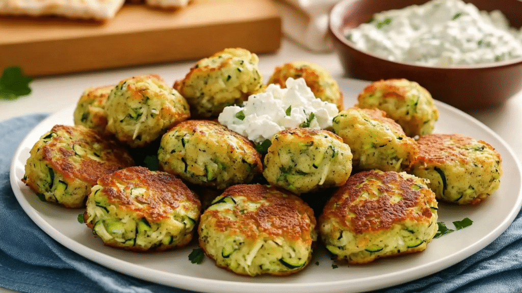 Goldbraune griechische Zucchini-Bällchen mit Feta und frischen Kräutern, knusprig gebacken und auf einem weißen Teller mit Tzatziki serviert