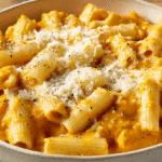 Leckeres Kürbis Pasta mit Parmesan Rezept frisch zubereitet auf weißem Teller mit Zutaten im Hintergrund