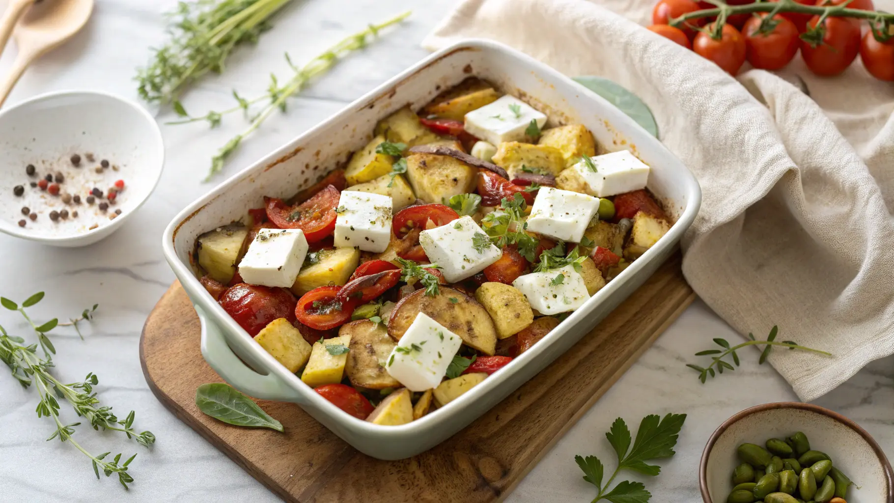 Vegetarische Feta-Kartoffeln mit Ofengemüse