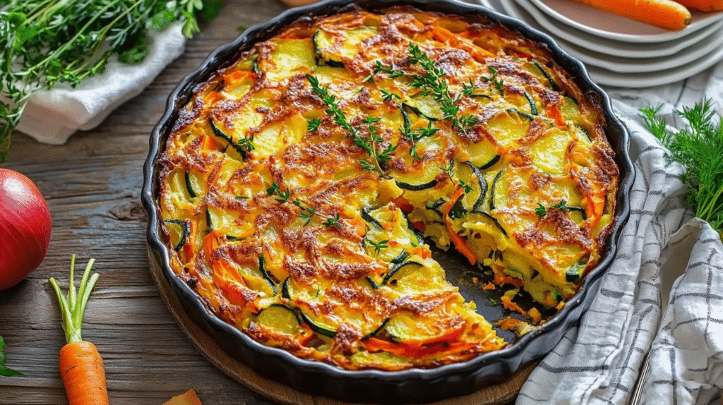 Cremiger vegetarischer Kartoffelauflauf mit geschichteten Zucchini und Karotten, goldbraun überbacken in einer Auflaufform