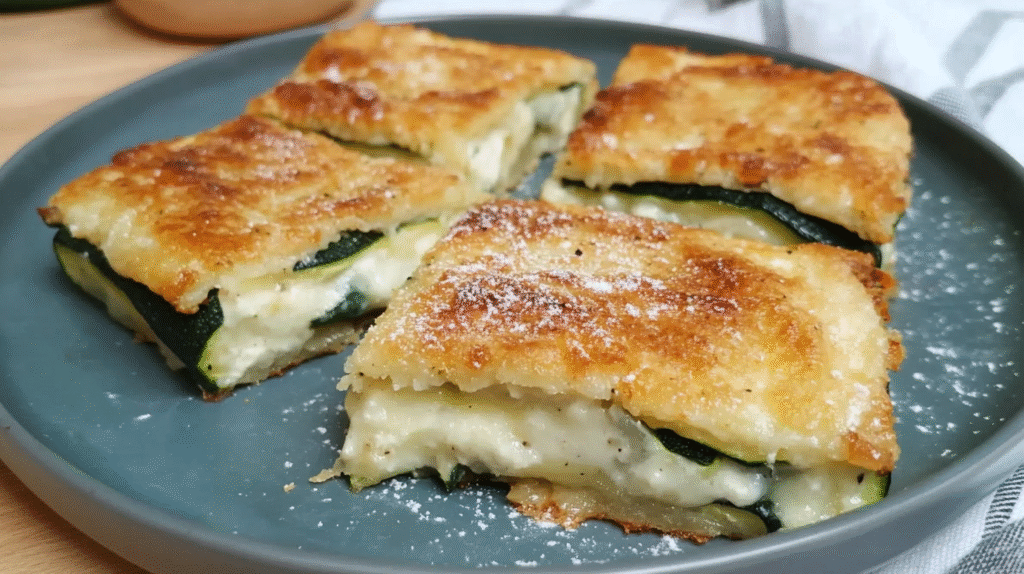 Low Carb Zucchini-Cordon-Bleu mit Schinken und Käse gefüllt, goldbraun paniert und auf einem Teller mit Salat serviert