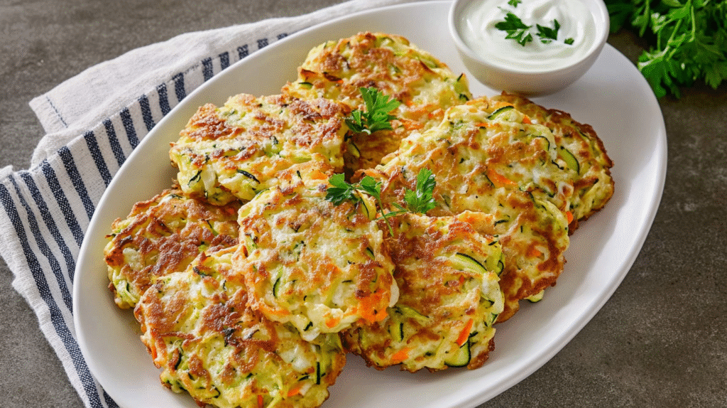 Goldbraune Zucchinipuffer aus dem Ofen, knusprig gebacken und auf einem Teller mit frischen Kräutern und Dip angerichtet