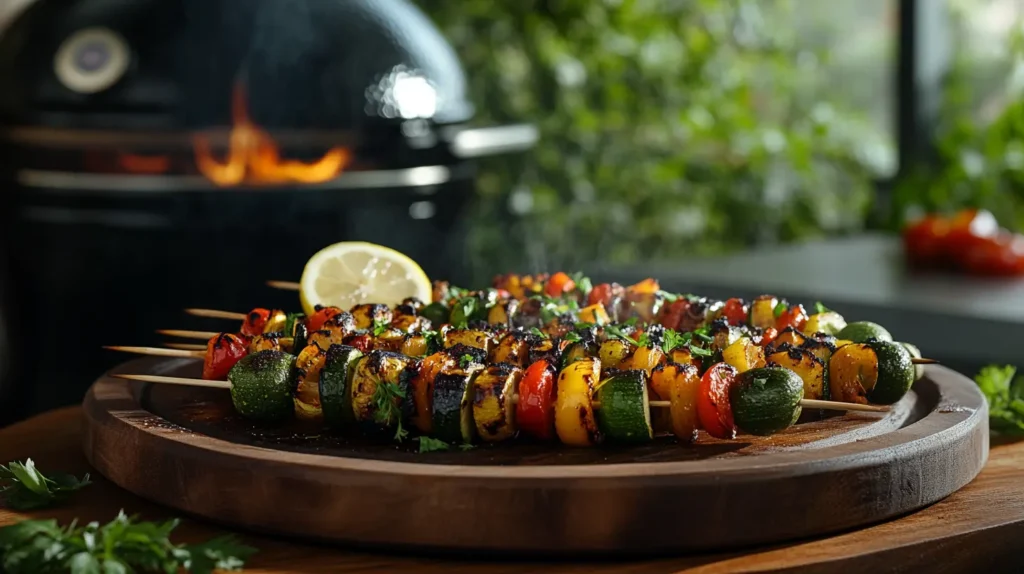 Bunte Gemüsespieße auf dem Grill mit Paprika, Zucchini, Champignons und Zwiebeln – vegetarisch, gesund und lecker