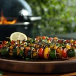 Bunte Gemüsespieße auf dem Grill mit Paprika, Zucchini, Champignons und Zwiebeln – vegetarisch, gesund und lecker