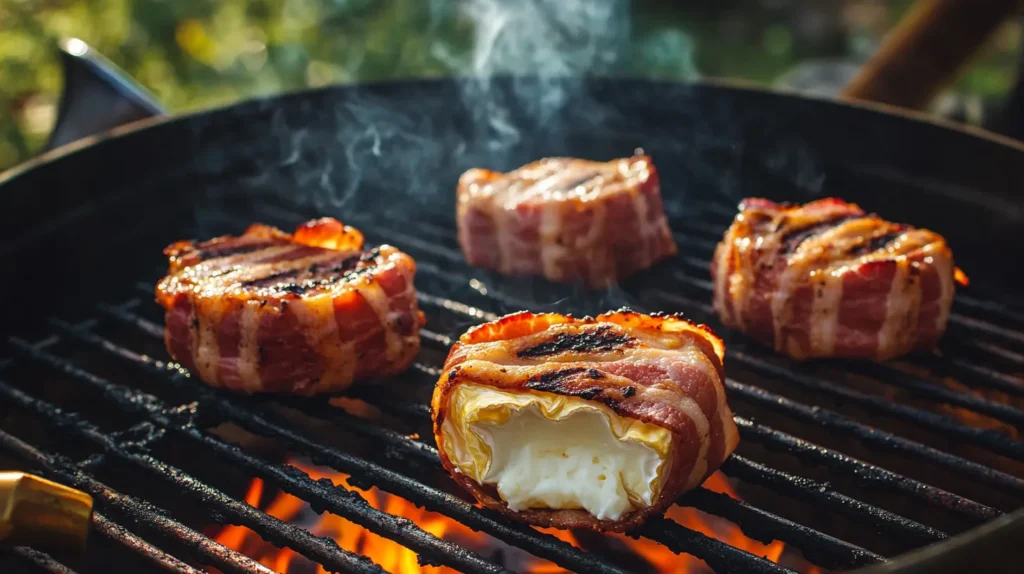 Camembert auf dem Grill geschmolzen, serviert mit Kräutern, Knoblauch und knusprigem Baguette auf einem Holzbrett