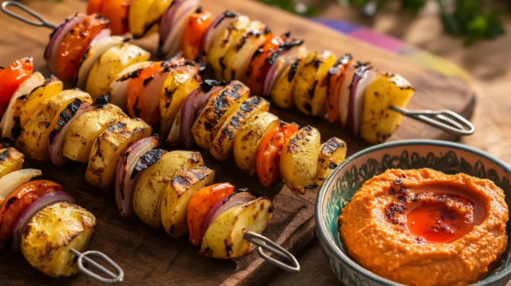 Ofengebackene Kartoffel Shawarma mit orientalischen Gewürzen, serviert mit Joghurt-Dip und frischen Kräutern