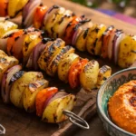 Ofengebackene Kartoffel Shawarma mit orientalischen Gewürzen, serviert mit Joghurt-Dip und frischen Kräutern