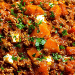 Eine köstliche Kürbis-Hackfleisch-Pfanne mit Feta, serviert in einer Pfanne, garniert mit frischen Kräutern, ideal für ein herbstliches Familienessen.